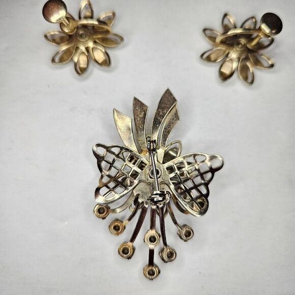 Vintage Demi Parure Blue Rhinestone Floral Screw Back Brooch Pin Earring Set - Picture 6 of 10